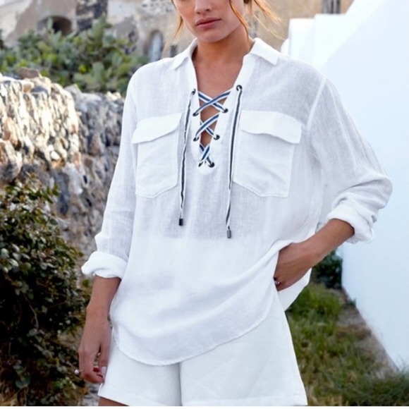 Rails Tops - RAILS Matea Lace-up Linen Long Sleeve White Top